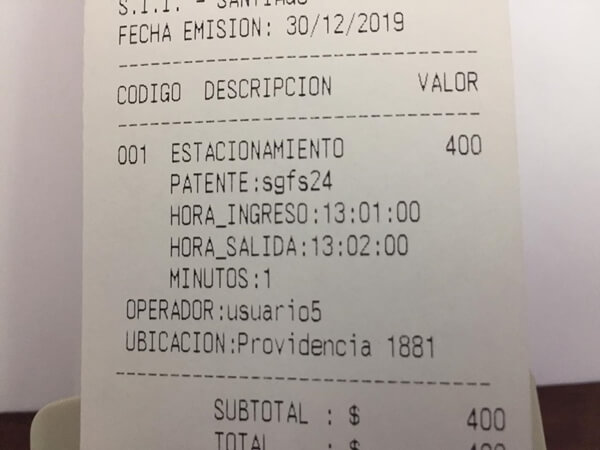 Boleta emitida al retiro del veh&iacute;culo del estacionamiento